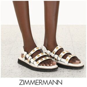 Zimmermann Off White Leather Gold Studs Slingback
Strap Open Flat Sandals Sz 40